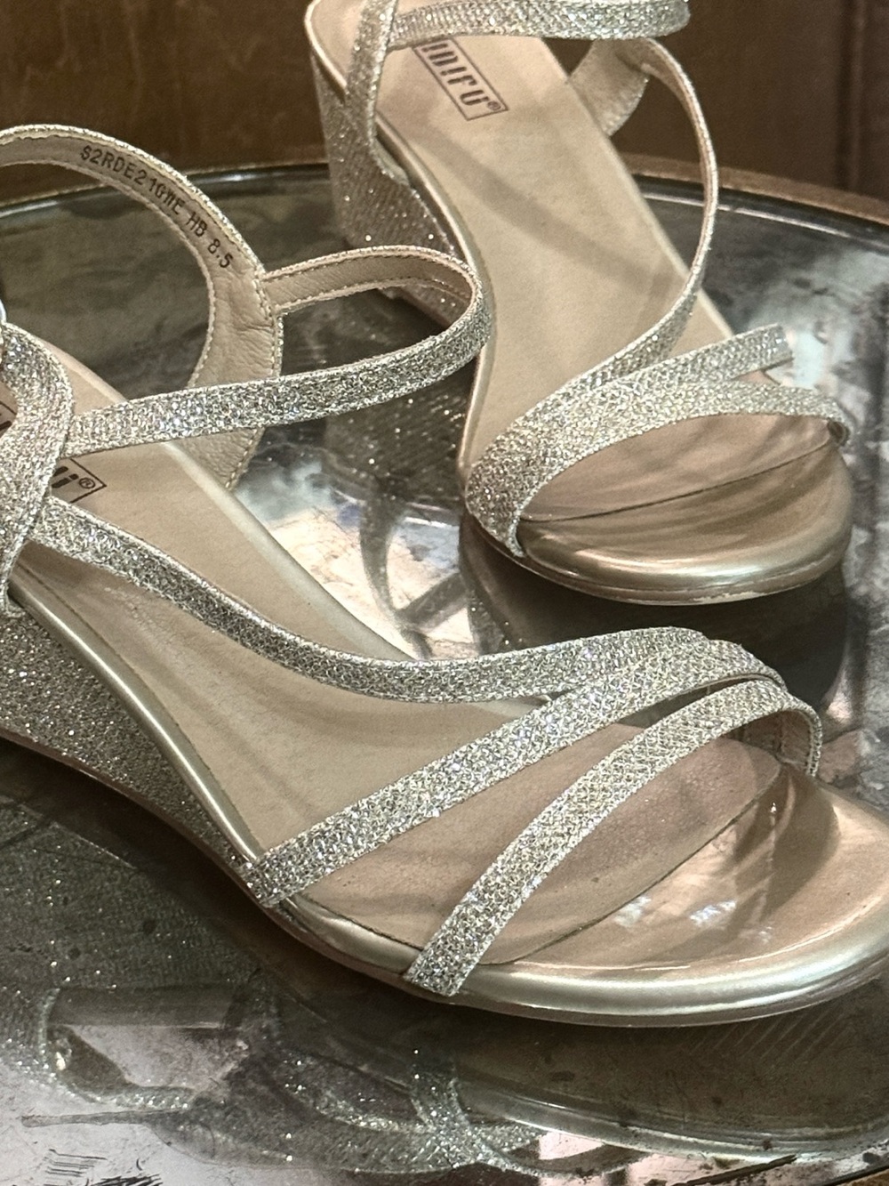 Metallic Gold Glitter Wedge Sandals with Adjustable Ankle Strap